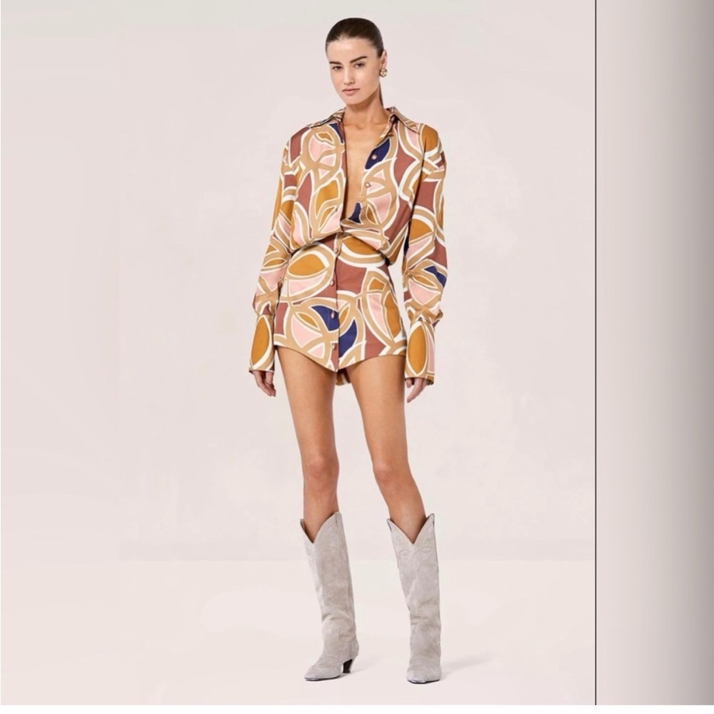 Alexis Multicolor Geometric Print Mini Dress - Mustard, Pink & Blue